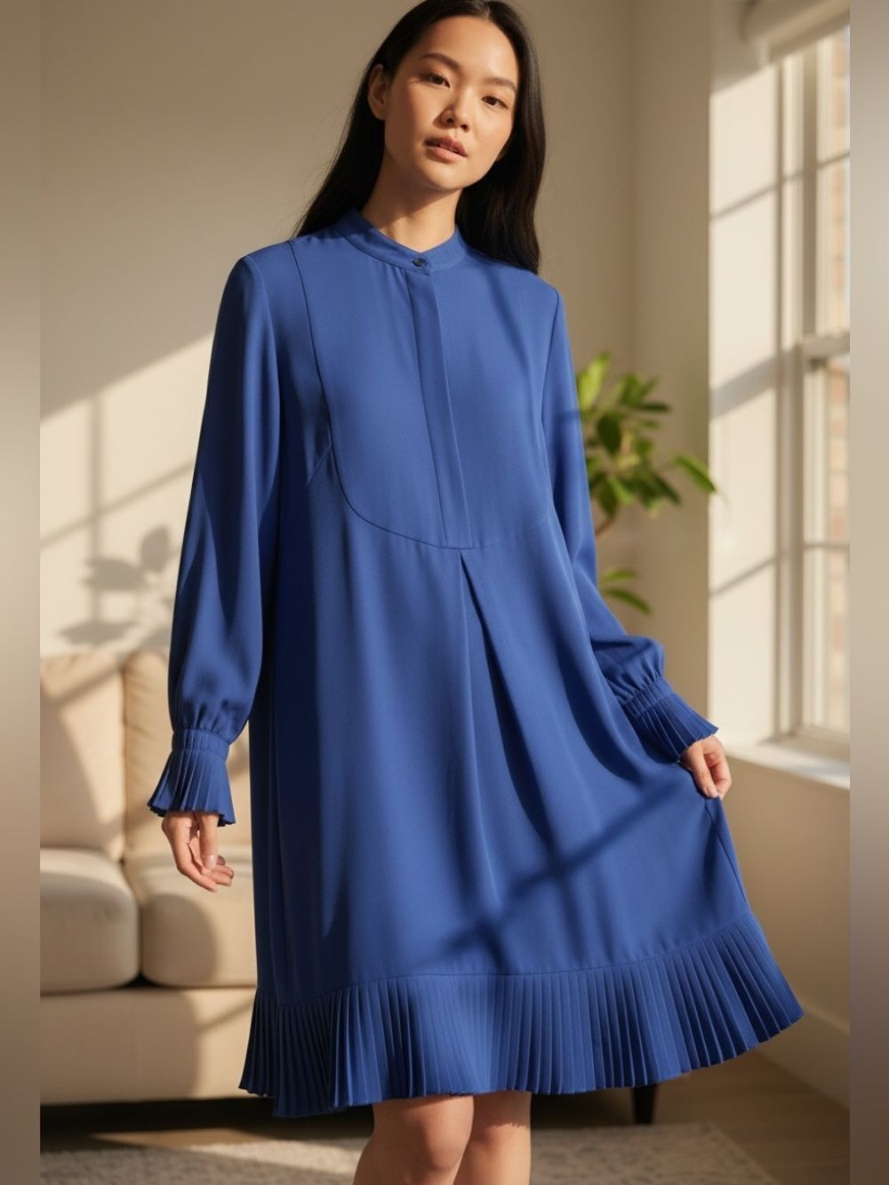 Alexander McQueen Blue 100% Silk Long Sleeve Knee Length Dress M